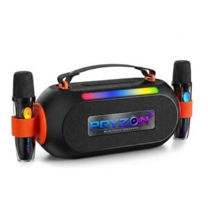Pryzon Portable Bluetooth Karaoke Party Speaker with Dual Wireless Microphones & RGB Lights