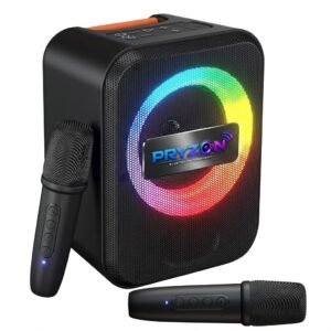 Pryzon Mini Portable Bluetooth Karaoke Speaker with Dual Wireless Microphones & Ring RGB Light