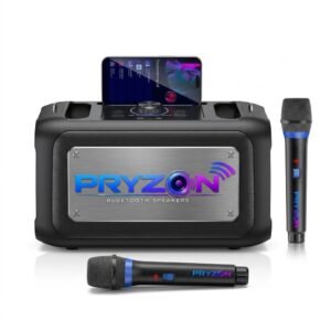 Pryzon Dual Bass Portable Bluetooth Karaoke Speaker with Wireless Microphones & Phone Stand