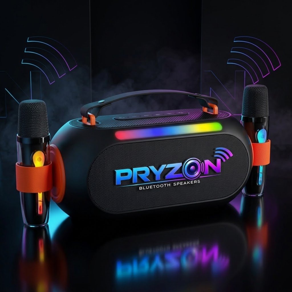 Pryzon Portable Bluetooth Karaoke Party Speaker with Dual Wireless Microphones and RGB Lights